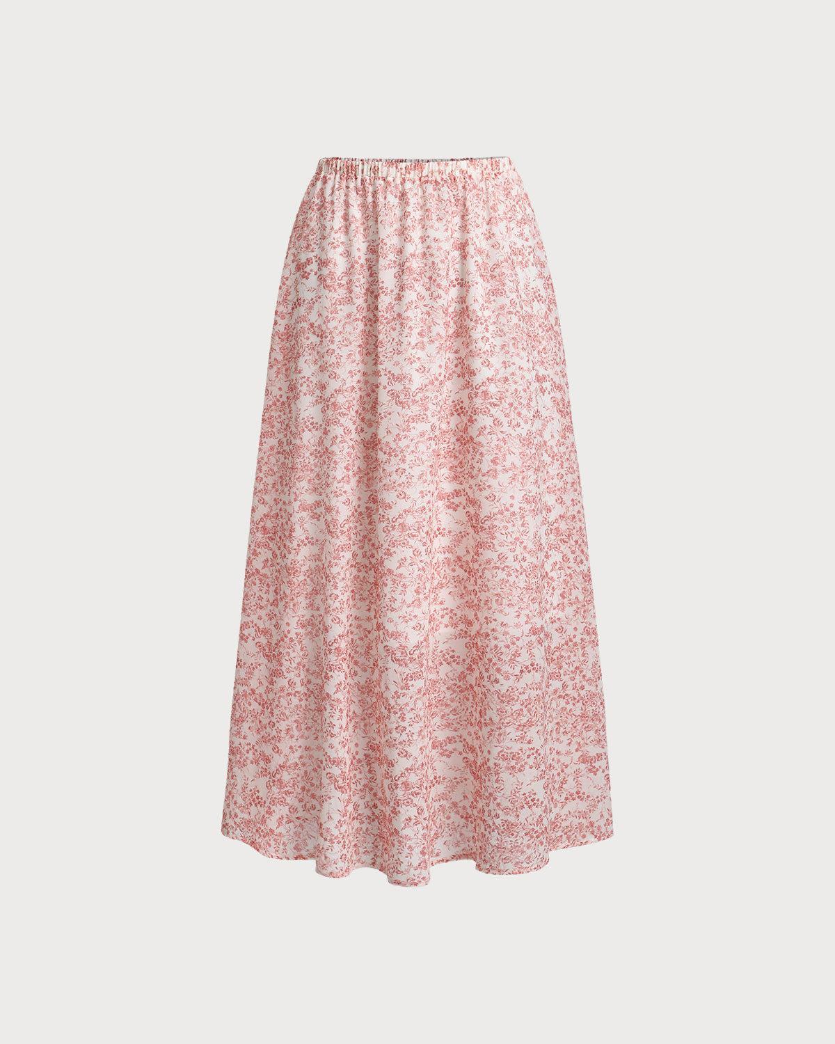 Pink Floral Elastic Waist Flared Skirt Product Image