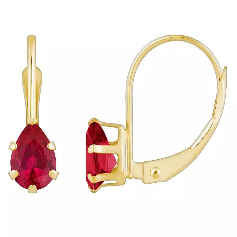 Celebration Gems 10k Gold Pear Shape Lab-Created Ruby Leverback Earrings, Women's Product Image