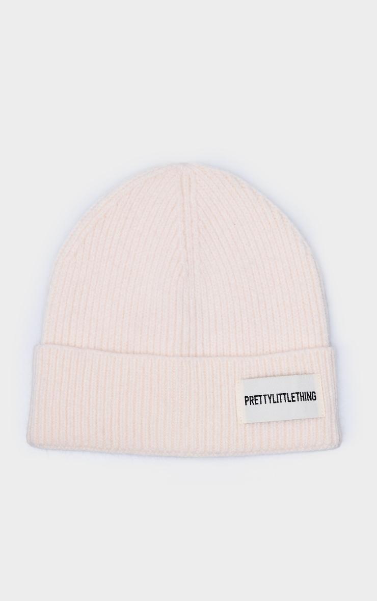 PRETTYLITTLETHING Cream Logo Rib Beanie Product Image