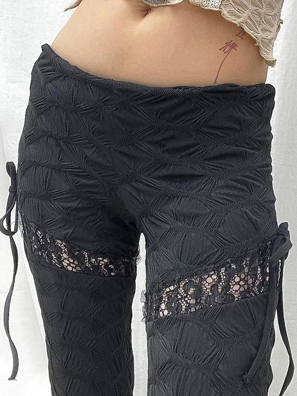 Textured Cutout Lace Splice Tie Up Flare Leg Pants Product Image