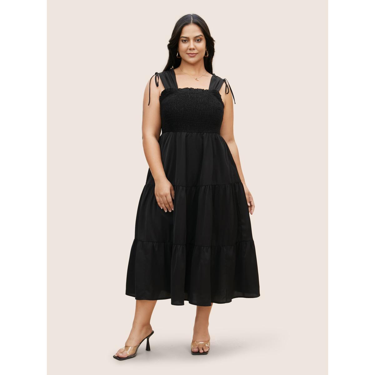 Plus Size Plain Shirred Drawstring Ruffle Layered Hem Dress Black Women Elegant Gathered Square Neck Sleeveless Curvy BloomChic 14-16/1X Product Image