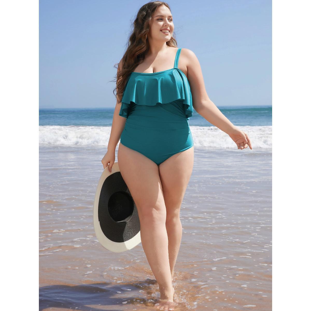 Plus Size Ruffle Trim Sculpt Waist Ruched Front One Piece Swimsuit Women's Swimwear Blue Vacation Adjustable Straps Curve Bathing Suits High stretch One Pieces BloomChic 18-20/2X Product Image