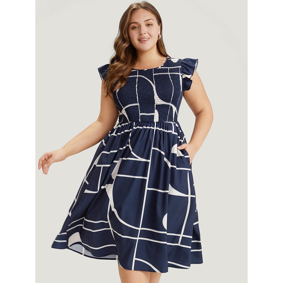 Plus Size Geometric Pocket Flutter Sleeve Shirred Dress Navy Women Office Pocket Round Neck Cap Sleeve Curvy Midi Dress BloomChic 28/5X Product Image