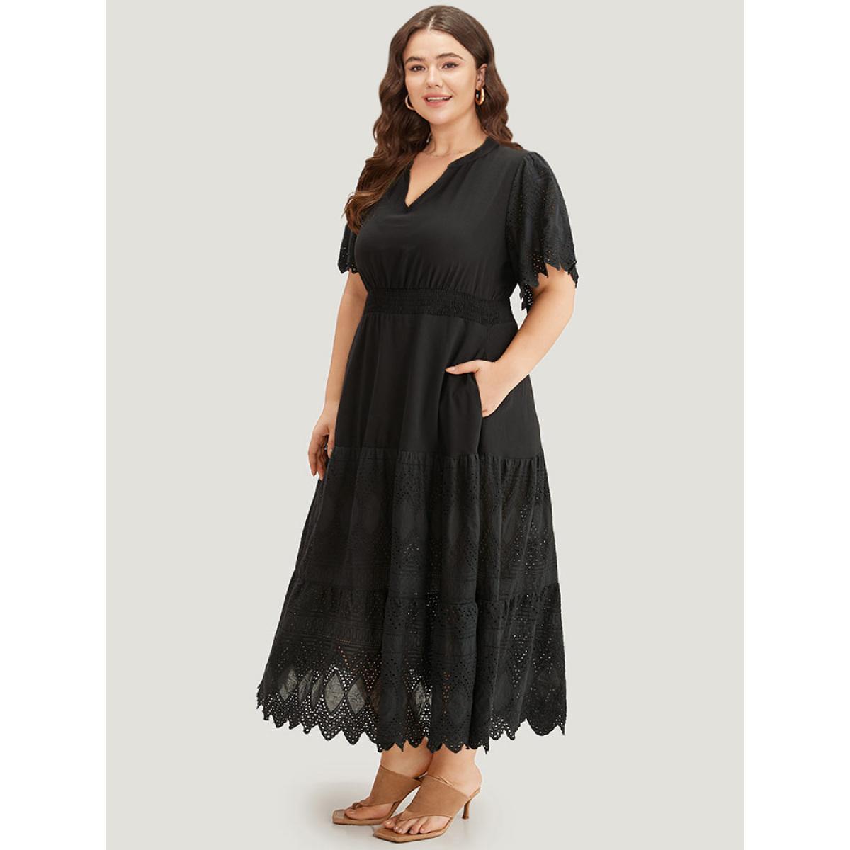 Plus Size Solid Laser Cut Pocket Notched Dress Black Women Elegant Plain Notched collar Short sleeve Curvy Midi Dress BloomChic 14-16/1X Product Image