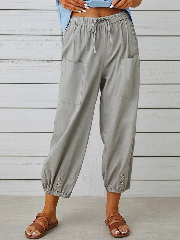 High Waisted Loose Buttoned Drawstring Elasticity Pockets Split-Joint Ninth Pants Trousers Product Image