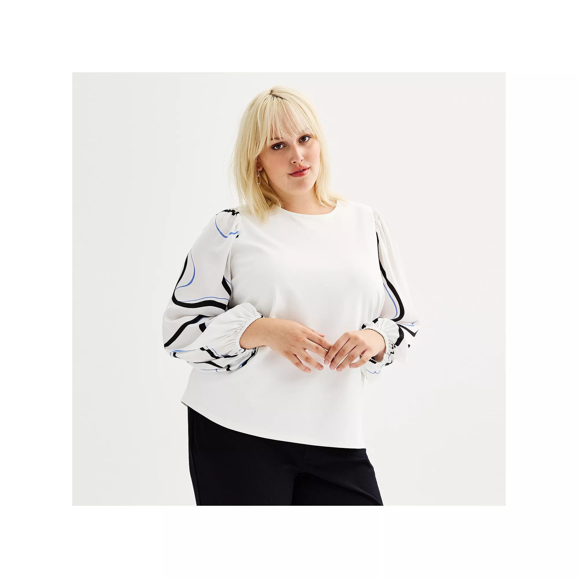 Plus Size Nine West Mixed Long Puff Sleeve Crewneck Top, Women's, Size: 5XL, White Knight Product Image