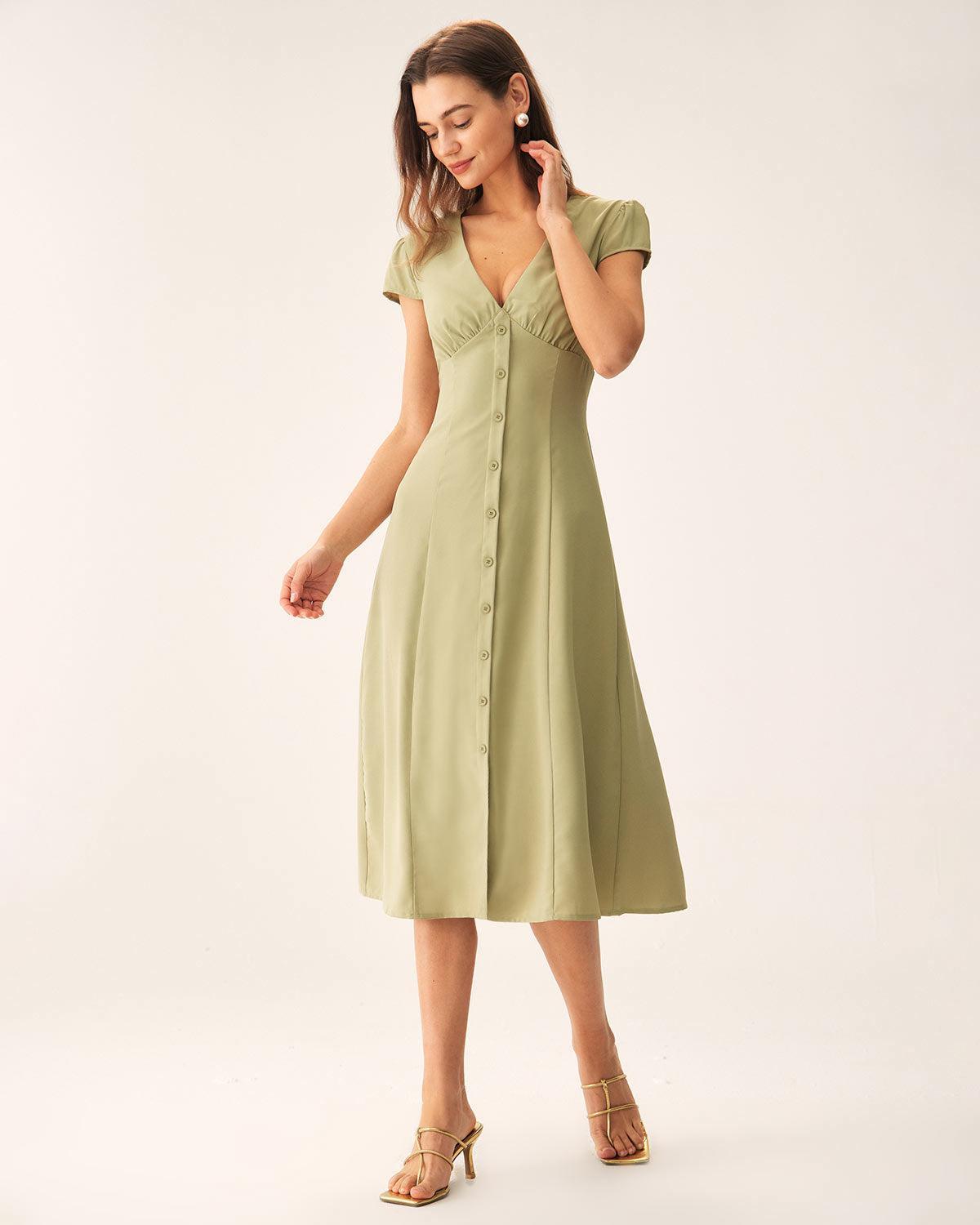Green V-Neck Button Midi Dress Product Image