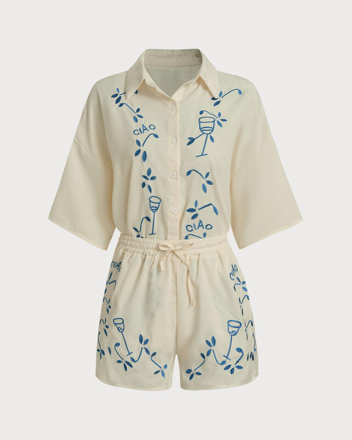 Beige Elastic Waist Pants Set Product Image