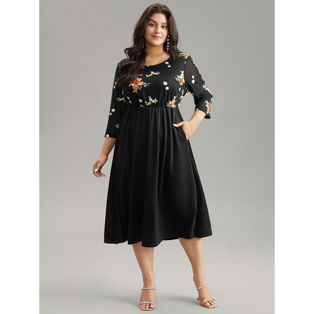 Plus Size Floral Embroidered Mesh Patchwork Elastic Waist Dress Black Women Cocktail Patchwork Round Neck Elbow-length sleeve Curvy Midi Dress BloomChic 14-16/1X Product Image