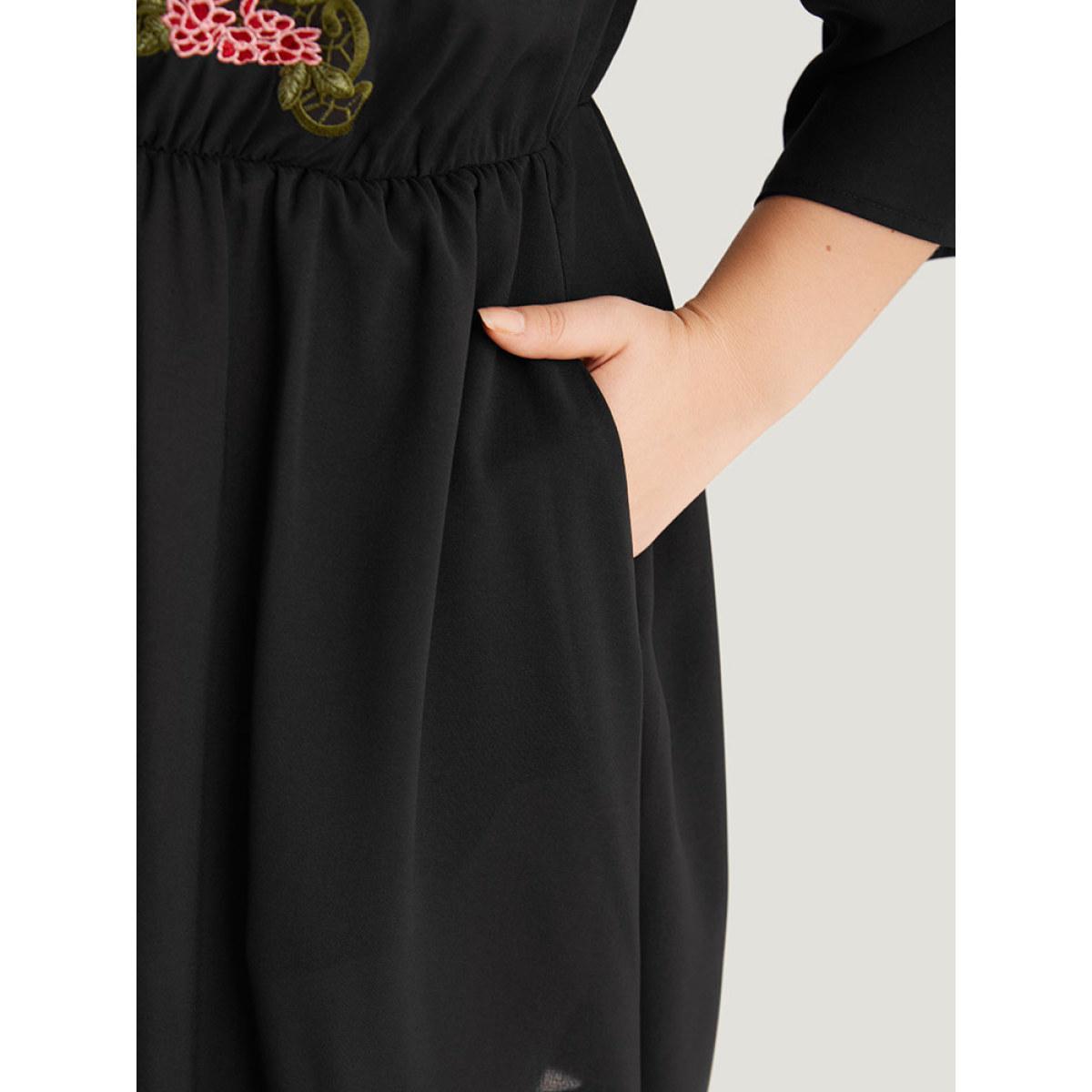 Plus Size Floral Embroidered Pocket V Neck Dress Black Women Vacation Embroidered V-neck Elbow-length sleeve Curvy Midi Dress BloomChic 14-16/1X Product Image