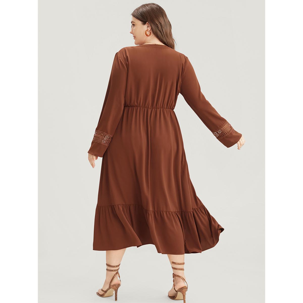Plus Size Solid V Neck Pocket Contrast Lace Ruffle Hem Dress Russet Women Office Patchwork V-neck Long Sleeve Curvy Midi Dress BloomChic 30/6X Product Image