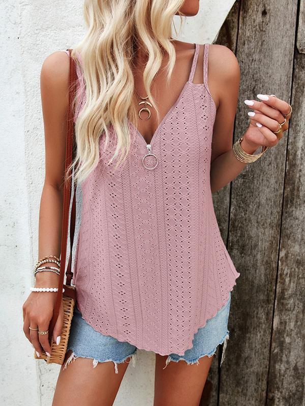 Loose Sleeveless Jacquard Solid Color Zipper Spaghetti-Neck Vest Top Product Image