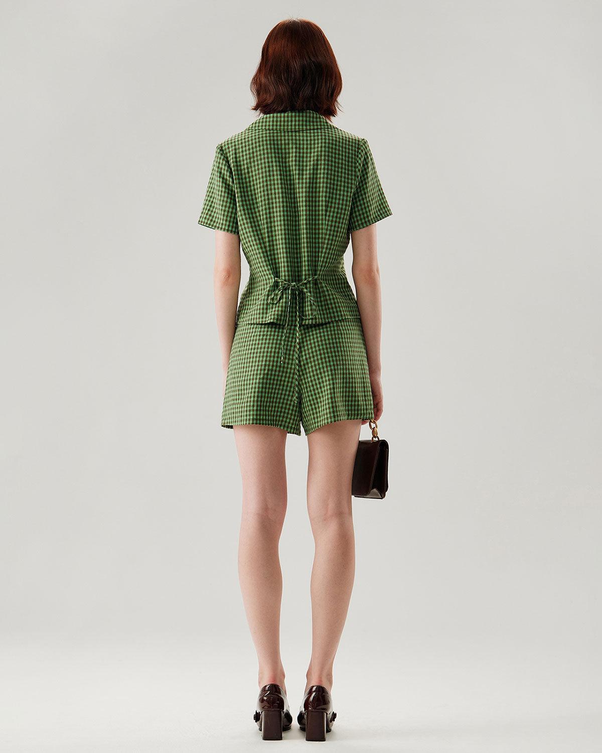 Green High Waisted Plaid Shorts Product Image