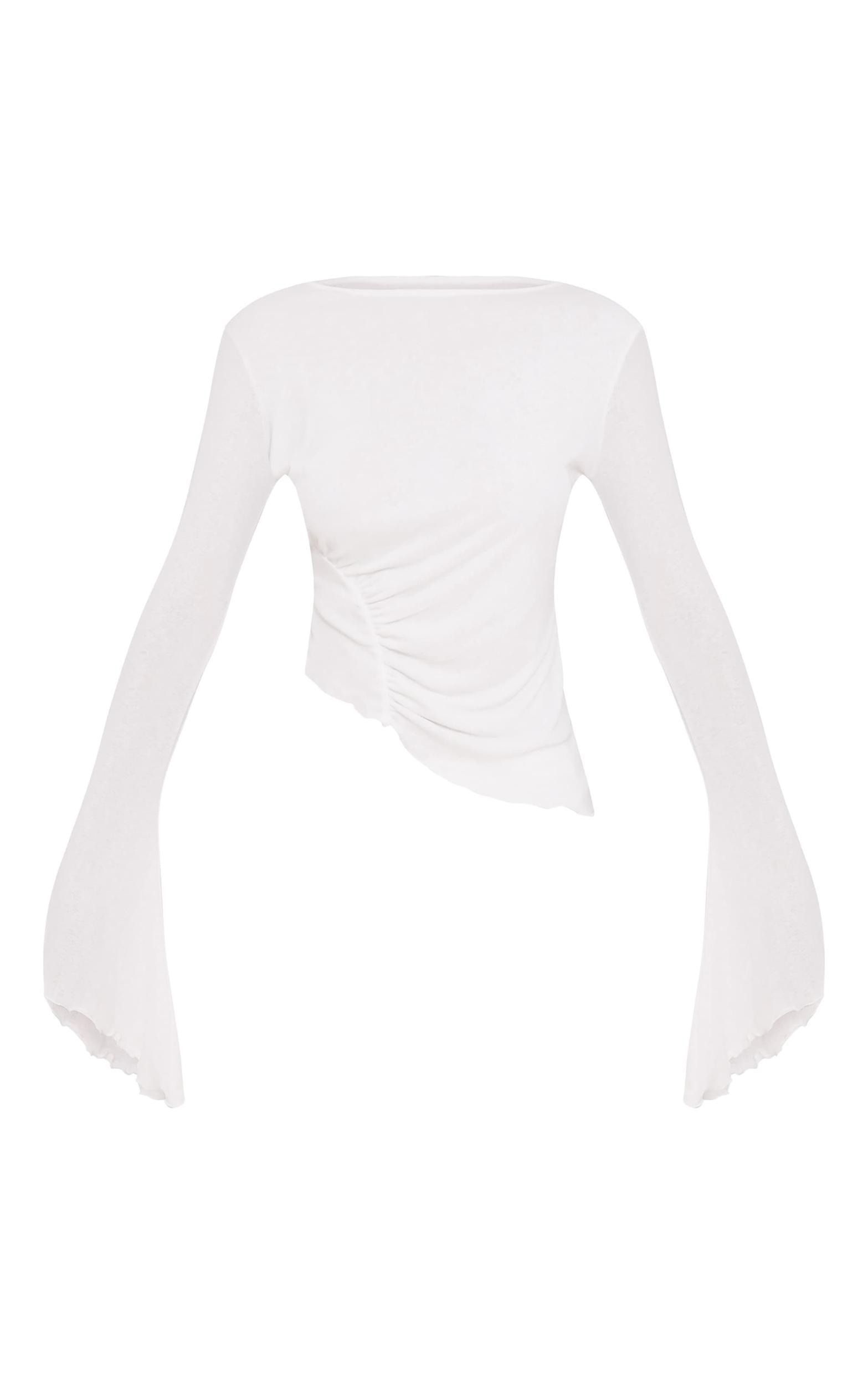 White Burnout Mesh Ruched Front Flared Sleeve Long Top Product Image