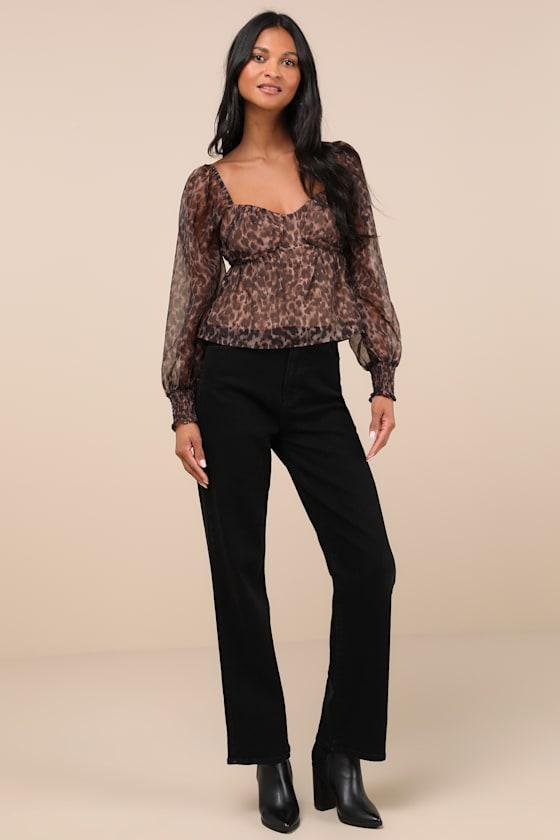 Chicly Fierce Brown Leopard Print Organza Cropped Top Product Image