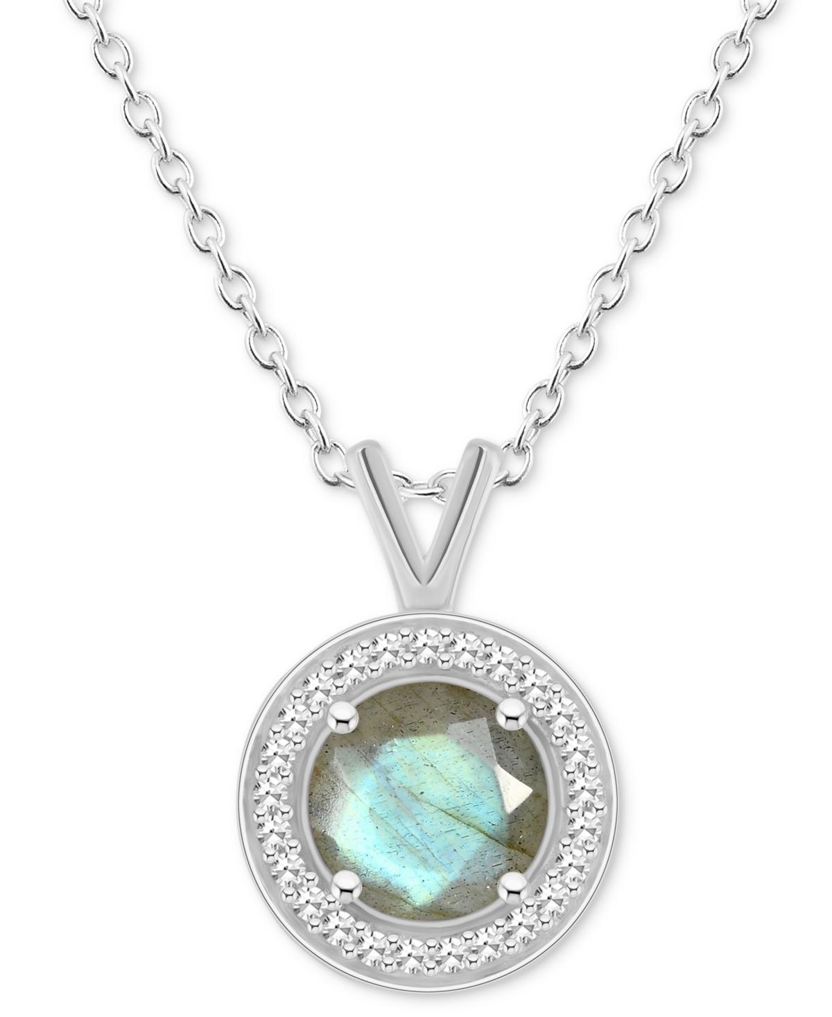 Celebration Gems Sterling Silver Round Gemstone & 1/8 Carat T.W. Diamond Halo Pendant Necklace, Womens Labradorite Product Image