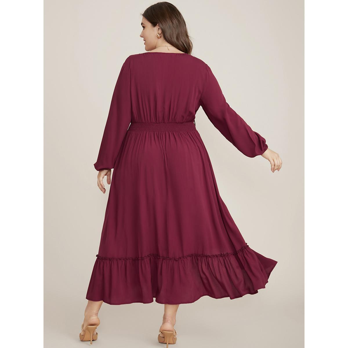 Plus Size Solid Pocket Button Detail Tie Neck Shirred Ruffles Dress Burgundy Women Elegant Pocket V-neck Long Sleeve Curvy Midi Dress BloomChic 14-16/1X Product Image