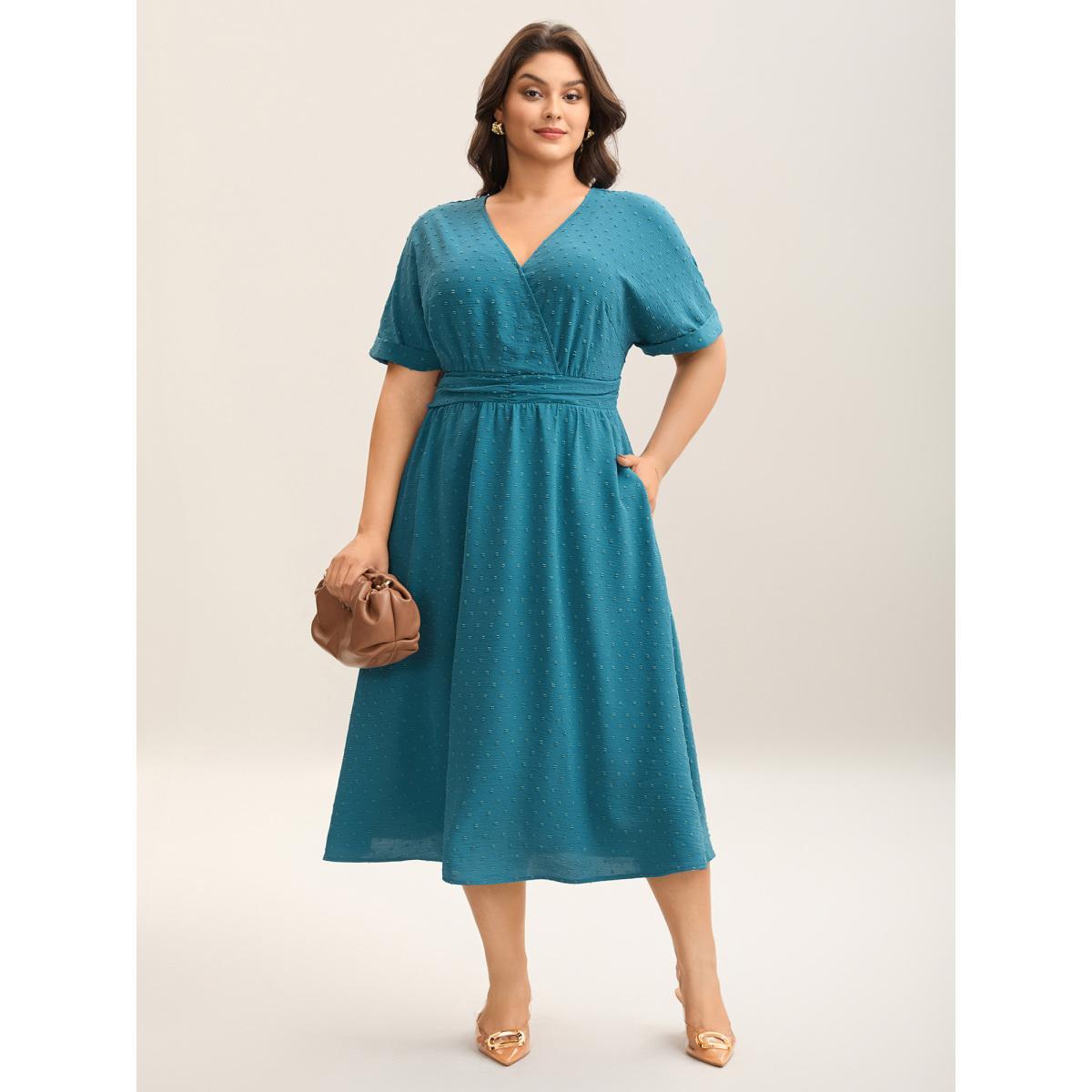 Plus Size Textured Stretchy Pleated Waist Midi Dress Aegean Women Overlap Collar Short sleeve Curvy BloomChic 30/6X Product Image