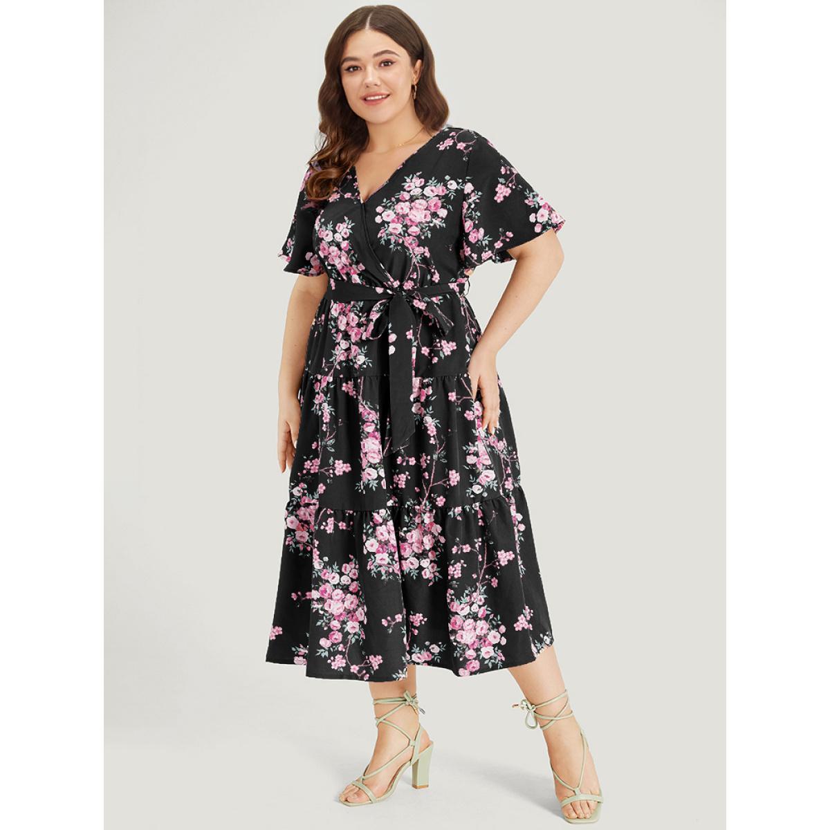 Plus Size Floral Print Wrap Belted Pocket Ruffle Hem Dress Black Women Elegant Lined V-neck Short sleeve Curvy Midi Dress BloomChic 12/L Product Image
