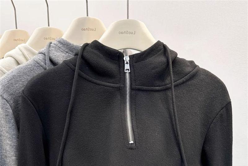 Plain Drawstring Half-Zip Hoodie Product Image