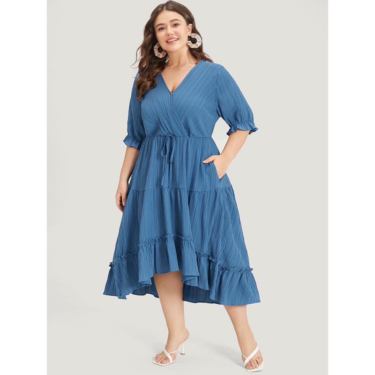 Plus Size Solid Textured Pocket Overlap Collar Flutter Trim Dress Stone Women Elegant Texture V-neck Half Sleeve Curvy Midi Dress BloomChic 12/L Product Image