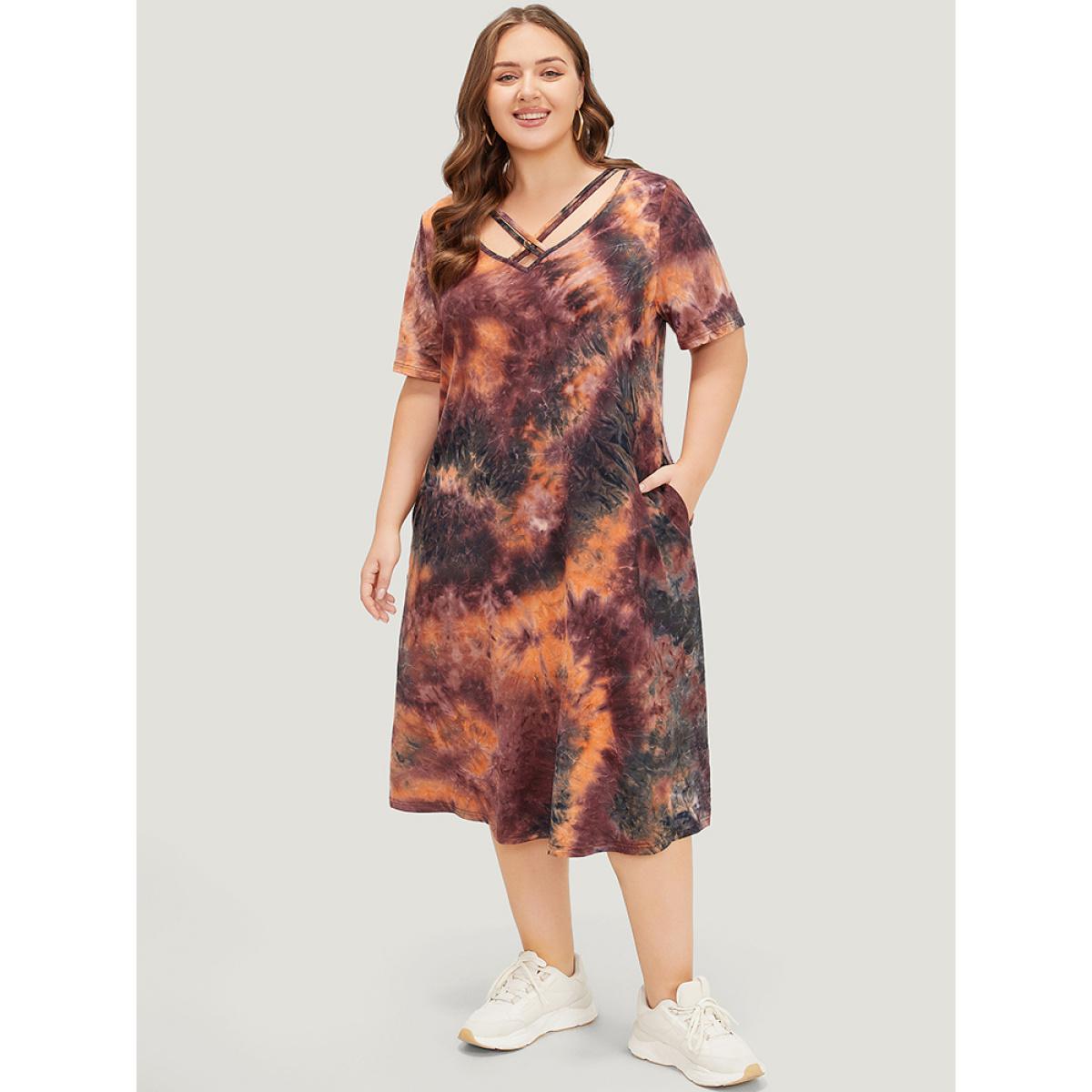 Plus Size Tie Dye Pocket Crisscross Neck Dress Multicolor Women Casual Tie Dye V-neck Short sleeve Curvy Midi Dress BloomChic 12/L Product Image