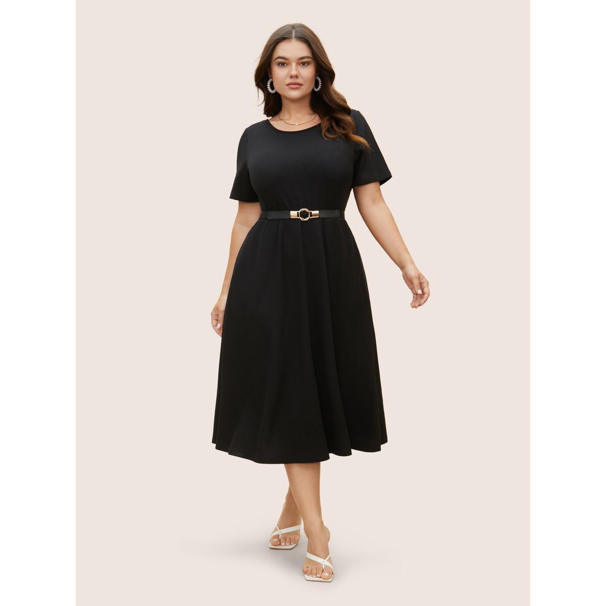 Plus Size Round Neck Contrast Back Bowknot Midi Dress Black Women Elegant Tie knot Round Neck Short sleeve Curvy BloomChic 14-16/1X Product Image