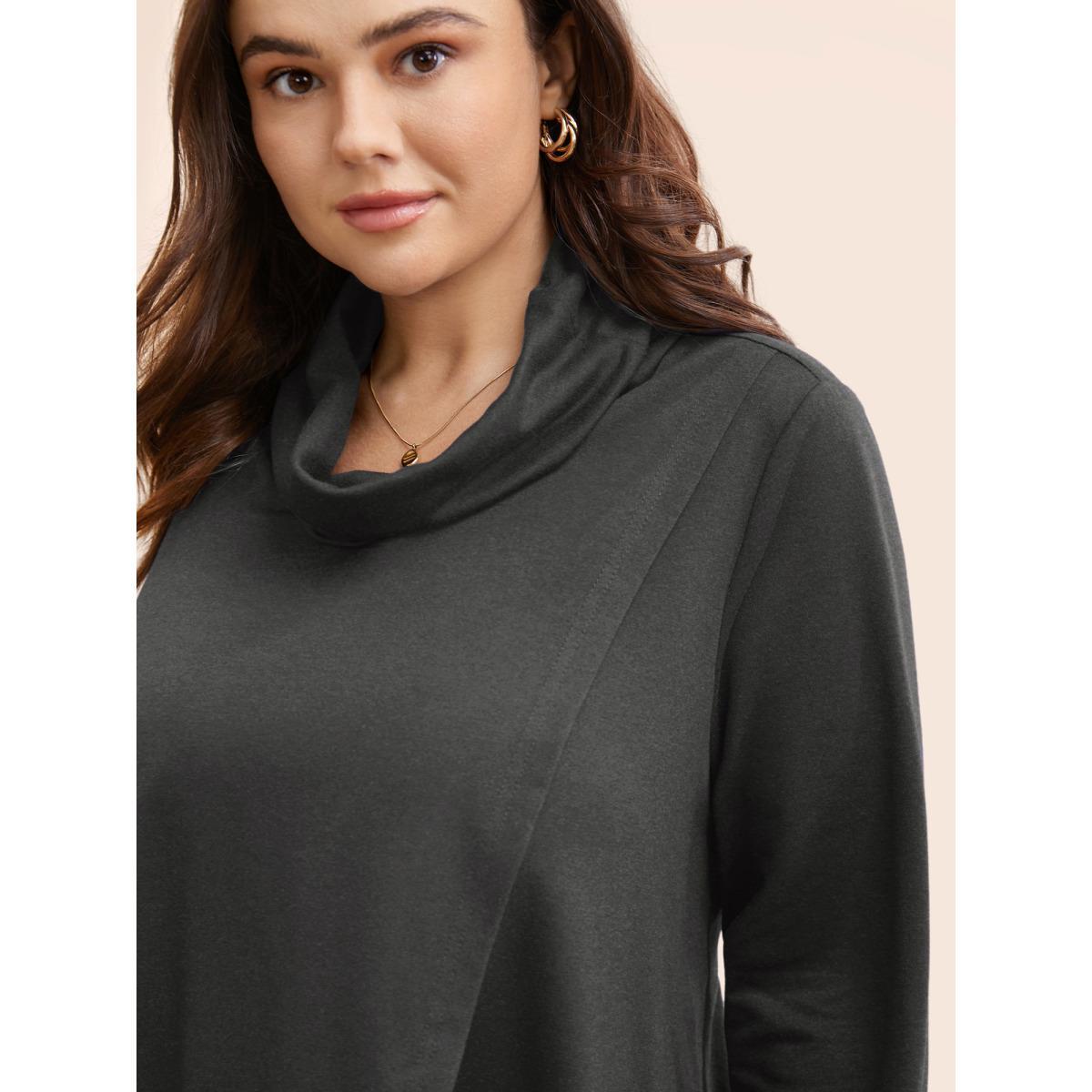 Plus Size Plain Wrap Hem Turtleneck Sweatshirt Women Gray Elegant Wrap Turtleneck Dailywear Sweatshirts BloomChic 30/6X Product Image