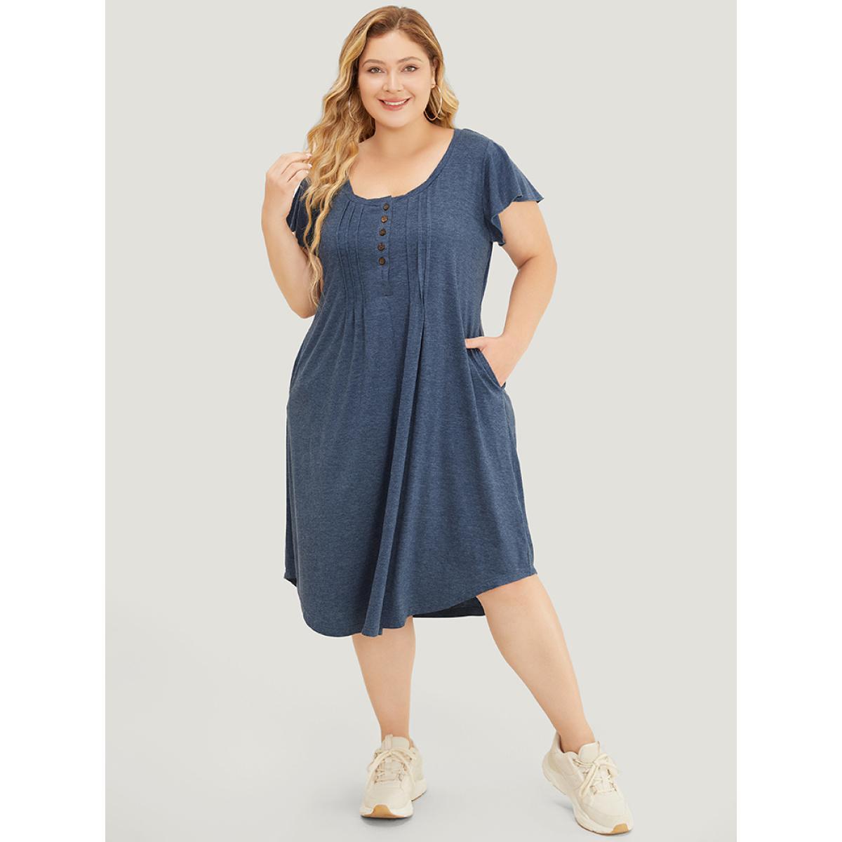 Plus Size Plain Pleated Ruffle Sleeve Pocket Button Up Curved Hem Dress Stone Women Casual Arc Hem Round Neck Cap Sleeve Curvy Midi Dress BloomChic 28/5X Product Image