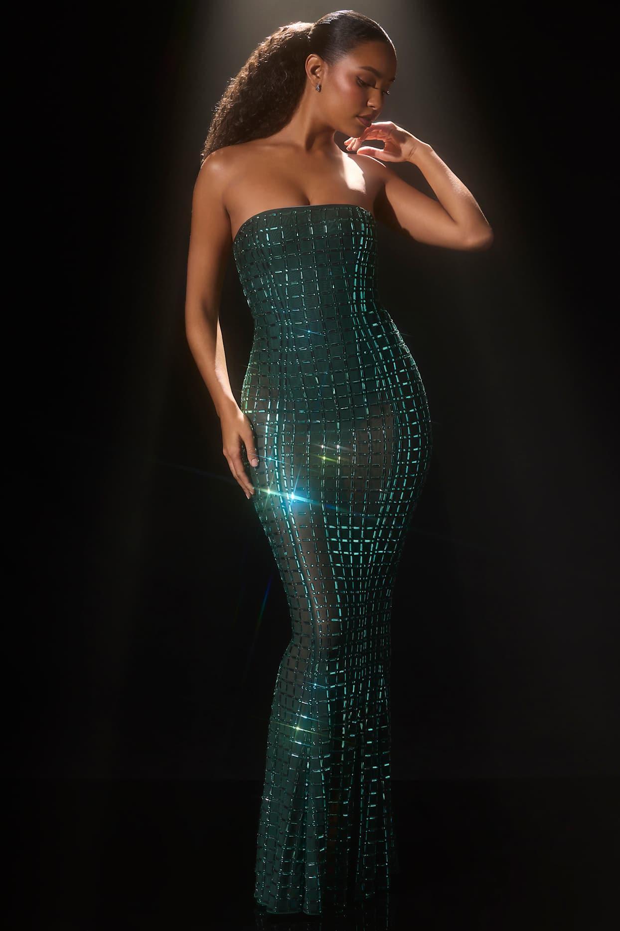 Embellished Strapless Gown in Emerald Green Product Image