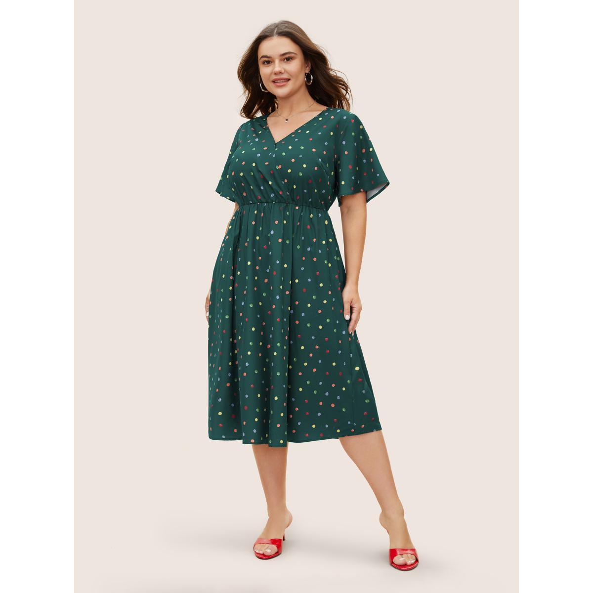 Plus Size Colored Polka Dot Overlap Collar Midi Dress DarkGreen Women Elegant Contrast Overlap Collar Short sleeve Curvy BloomChic 10/M Product Image