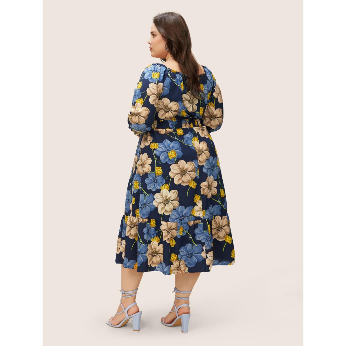 Plus Size Floral Print Square Neck Shirred Cuffs Dress DarkBlue Women Elegant Non Square Neck Elbow-length sleeve Curvy Midi Dress BloomChic 28/5X Product Image