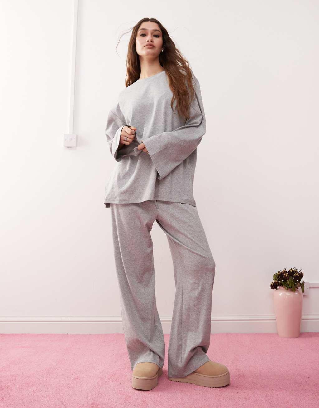 Monki mix and match long sleeve soft oversized top pajama top in gray melange Product Image