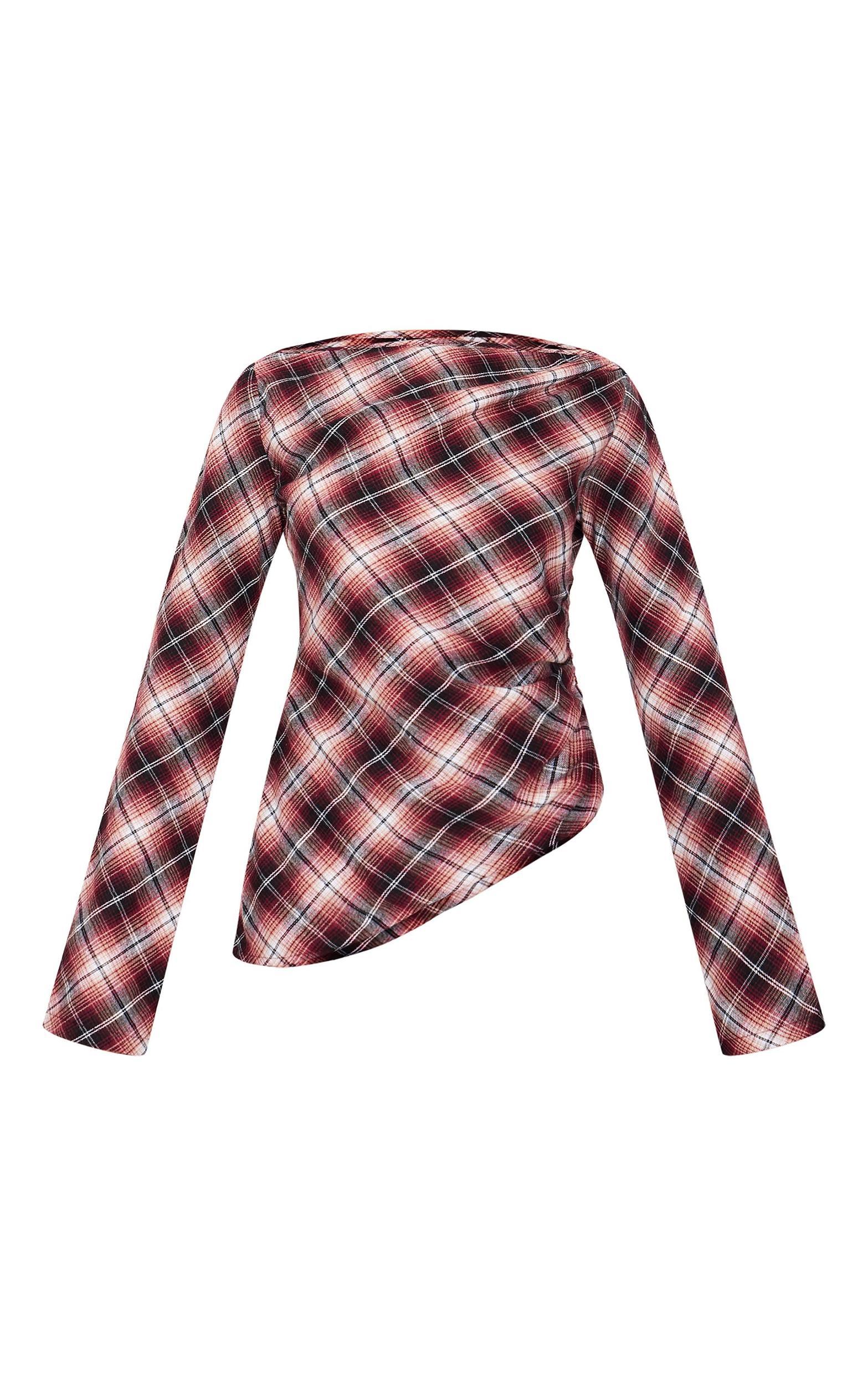 Dark Red Check Asymmetric Long Top Product Image