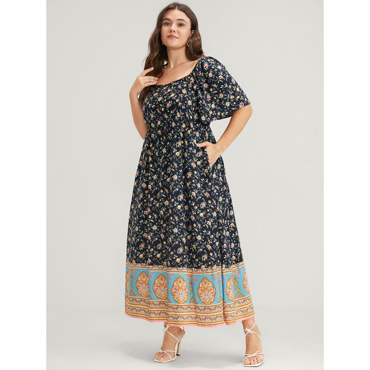 Plus Size Floral Pocket Ruffles Square Neck Midi Dress DarkBlue Women Elegant Elastic Waist Square Neck Short sleeve Curvy Midi Dress BloomChic 22-24/3X Product Image