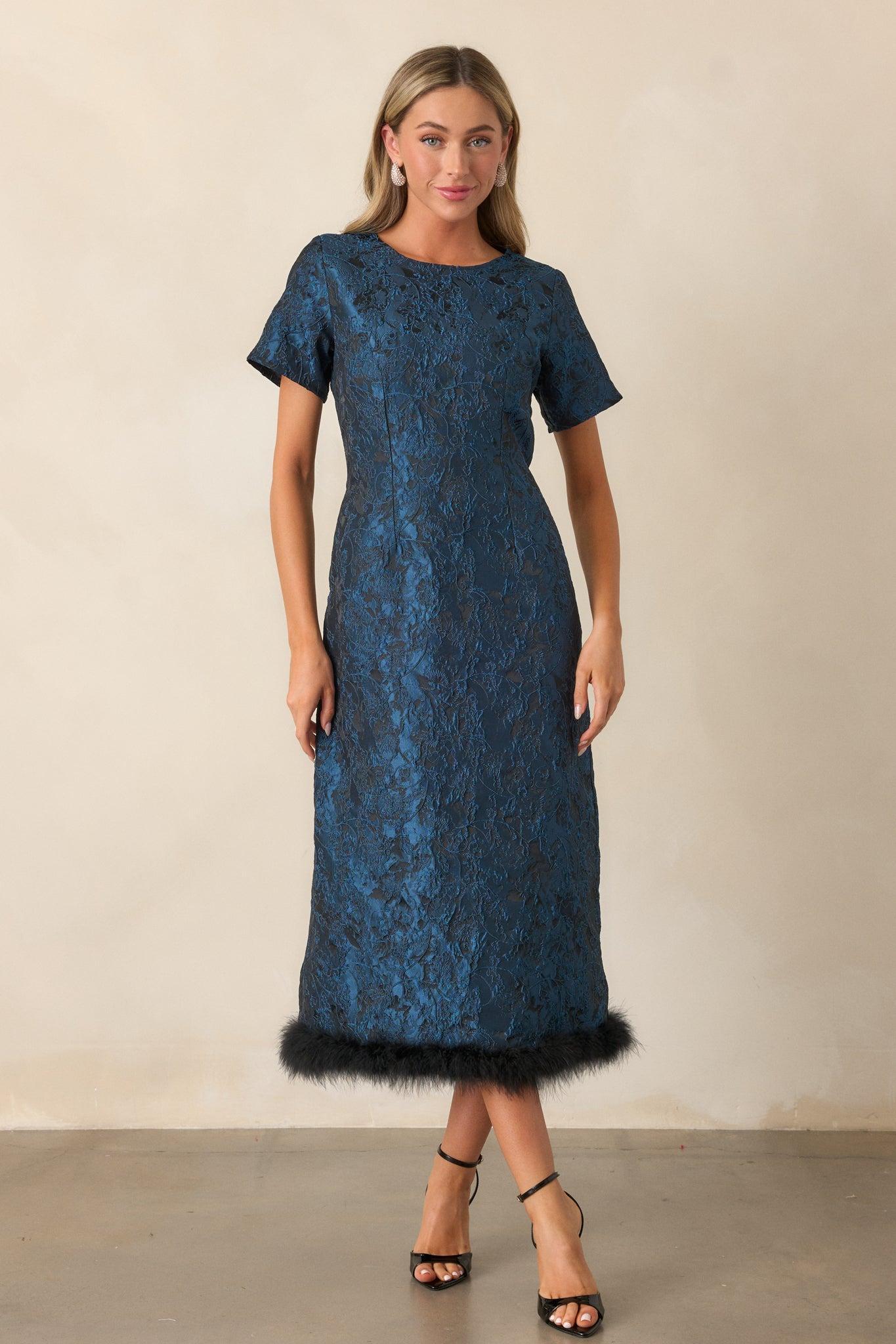 Glamour in Motion Dark Teal Jacquard Midi Dress Product Image