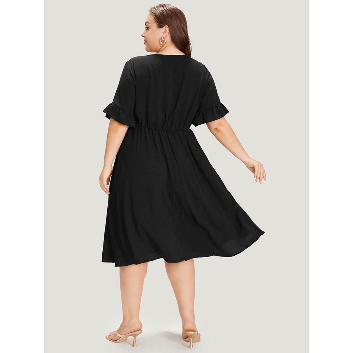 Plus Size Solid Bell Sleeve Button Detail Pocket Gathered Dress Black Women Elegant V-neck Half Sleeve Curvy Midi Dress BloomChic 12/L Product Image