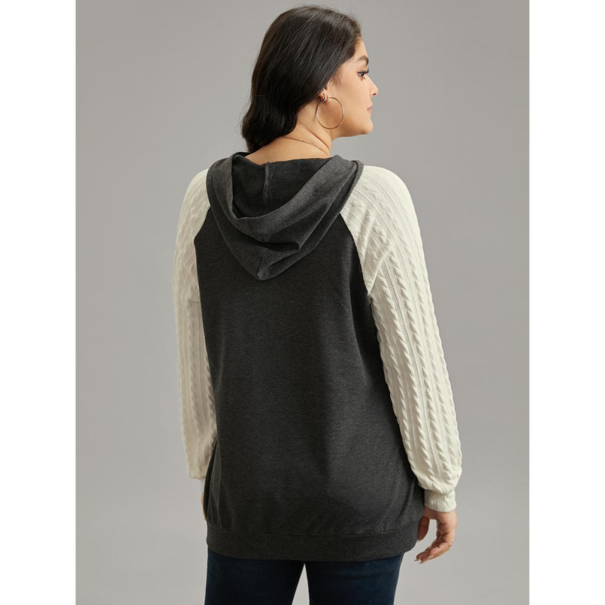 Plus Size Contrast Cable Knit Pocket Hooded Drawstring Sweatshirt Women Gray Casual Texture Hooded Everyday Sweatshirts BloomChic 28/5X Product Image