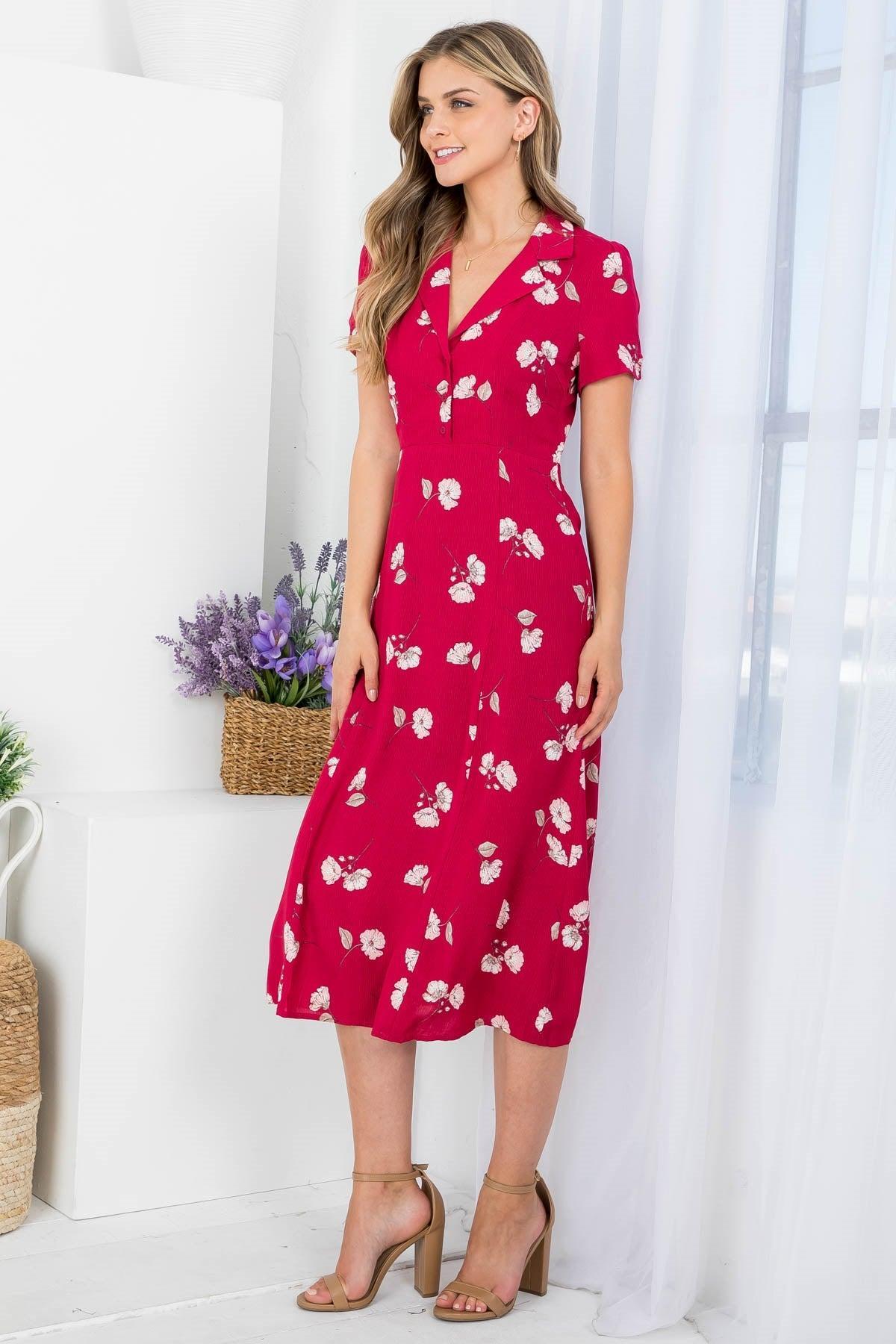 Floral Wine Buttons Midi Dress Product Image