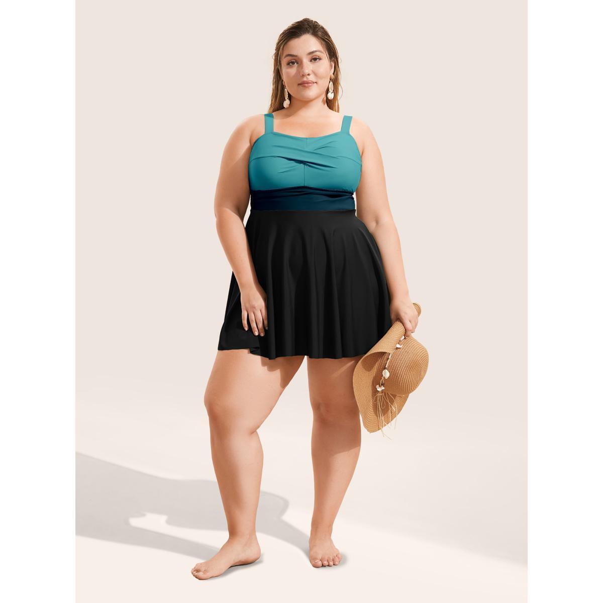 Plus Size Twist Front Patchwork Adjustable Straps Swim Dress Women's Swimwear Teal Beach Bodycon Heart neckline High stretch Curve Swim Dresses BloomChic 12/L Product Image