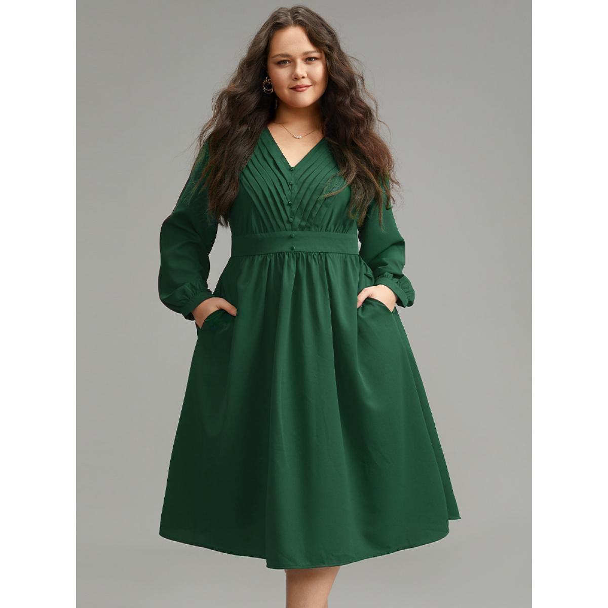 Plus Size Twill Pleated Beaded Long Sleeve Dress DarkBlue Women Elegant Plain V-neck Long Sleeve Curvy Midi Dress BloomChic 22-24/3X Product Image
