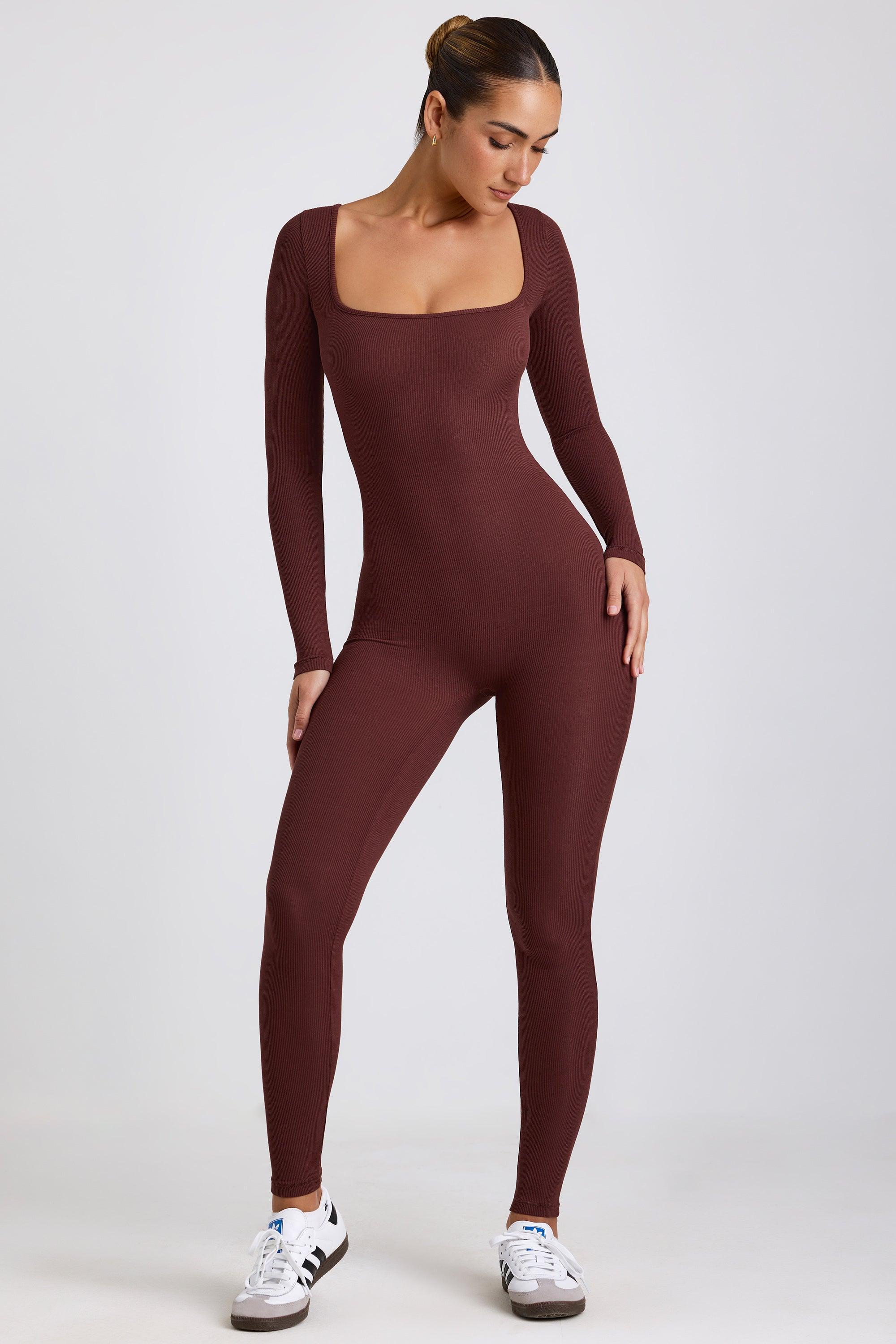 Petite Ribbed Modal Long Sleeve Jumpsuit in Espresso Product Image