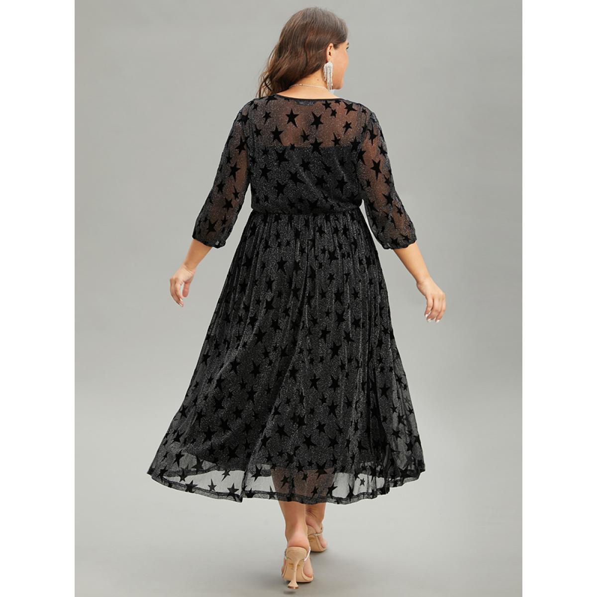 Plus Size Flocking Star Mesh Elastic Waist Dress Black Women Glamour Elastic cuffs Round Neck Elbow-length sleeve Curvy Midi Dress BloomChic 14-16/1X Product Image