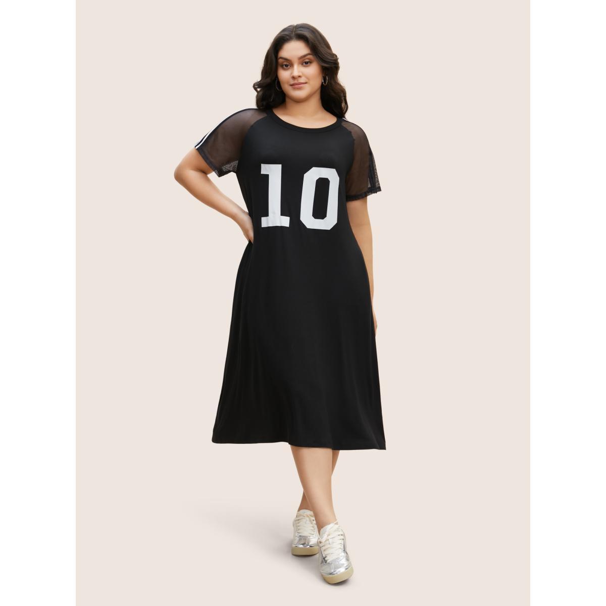 Plus Size Number Print Striped Mesh Patchwork Midi Dress Black Women Casual See through Round Neck Short sleeve Curvy BloomChic 14-16/1X Product Image