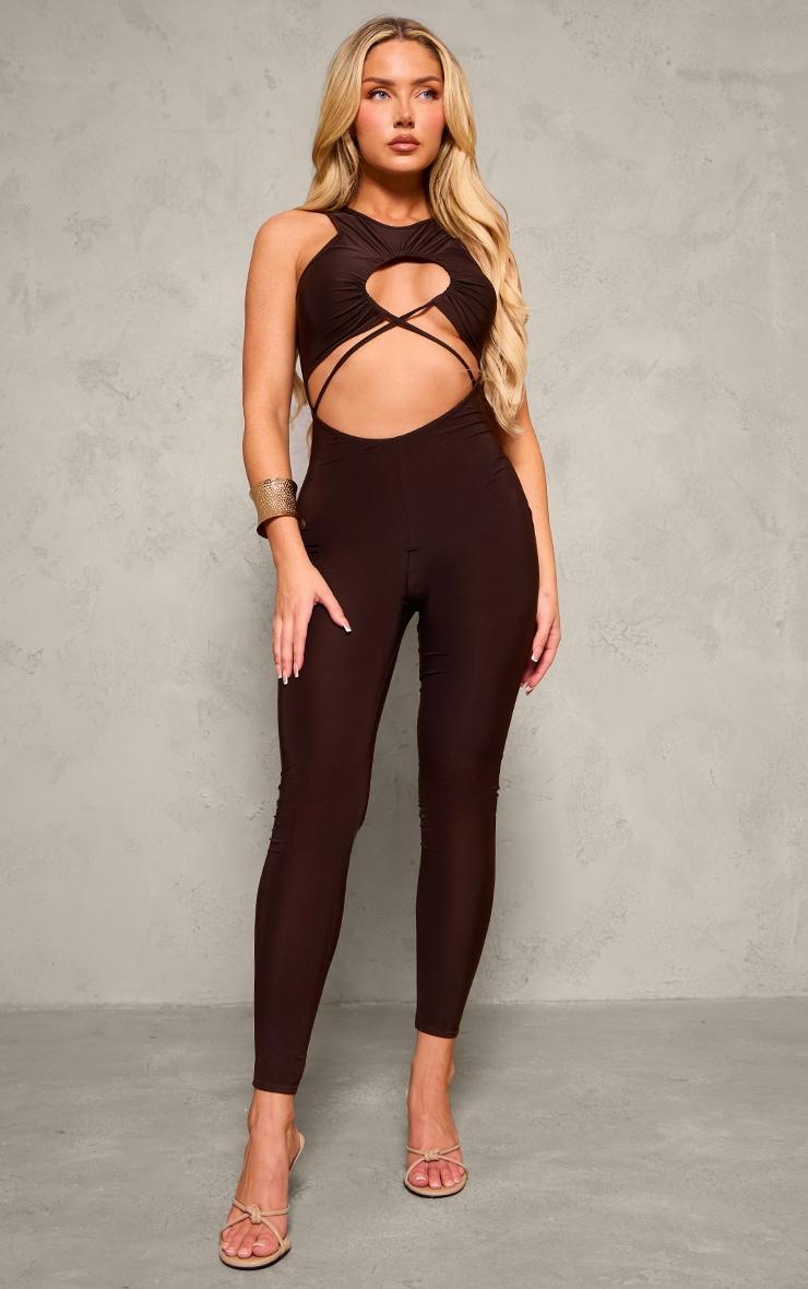 Chocolate Slinky Twist Front Racer Neck Jumpsuit Product Image