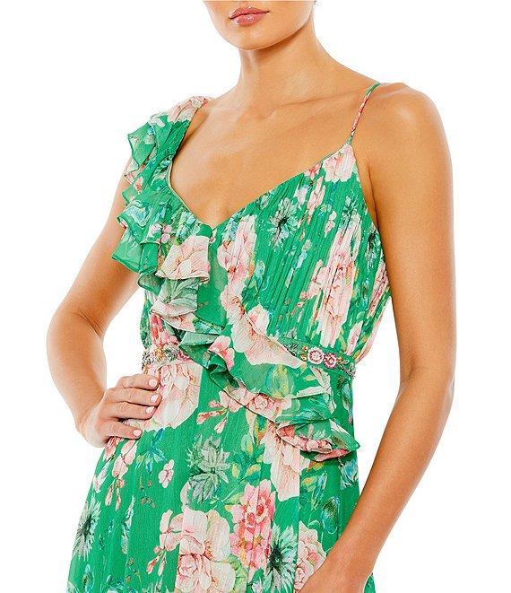 Mac Duggal V-Neck Ruffle Front Floral Print Chiffon A-Line Gown Product Image