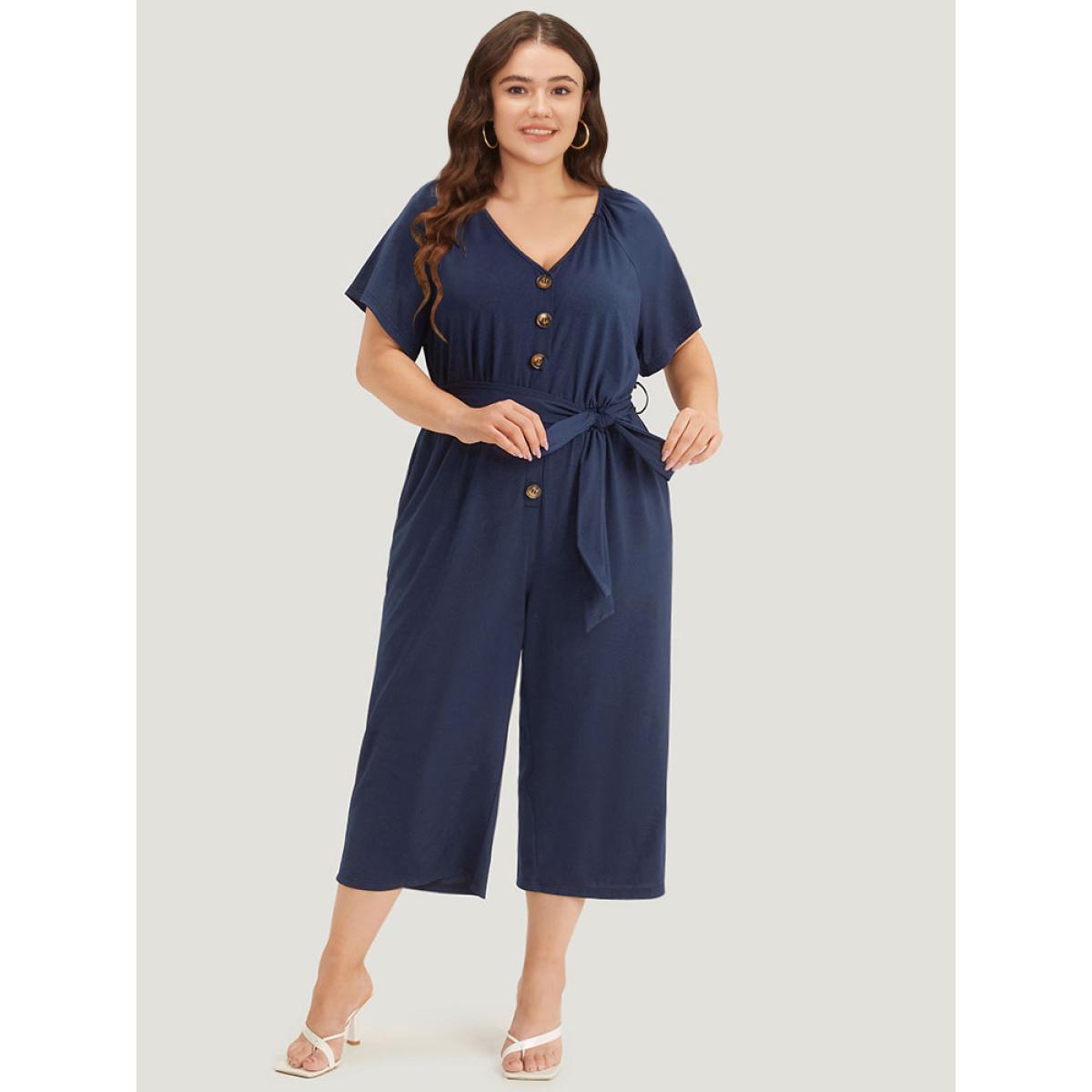 Plus Size DarkBlue Solid Button Up V Neck Belted Gathered Flutter Sleeve Jumpsuit Women Elegant Short sleeve V-neck Dailywear Loose Jumpsuits BloomChic 10/M Product Image