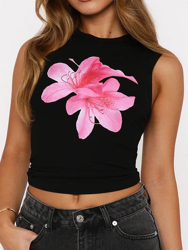 Skinny Sleeveless Flower Print Round-Neck Vest Top Product Image