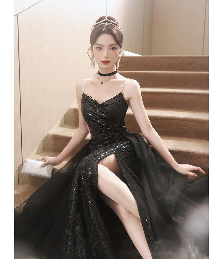 Spaghetti Strap V-Neck Glitter Mesh A-Line Evening Gown Product Image