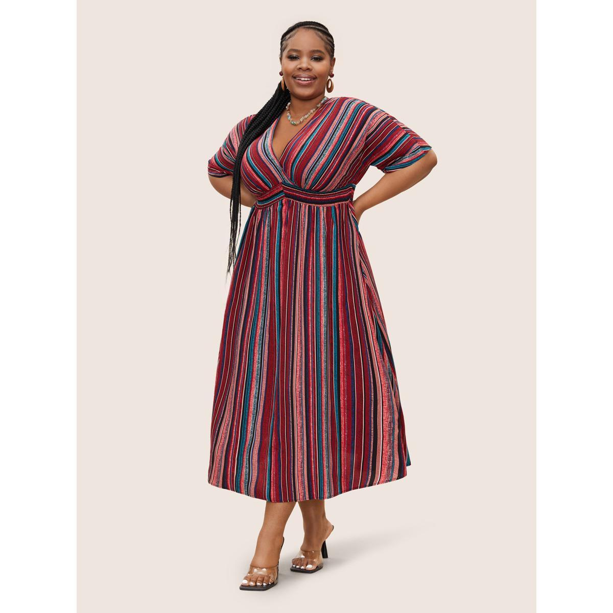 Plus Size Striped Contrast Dolman Sleeve Shirred Pocket Split Flutter Dress Rosered Women Resort Non V-neck Half Sleeve Curvy BloomChic 10/M Product Image